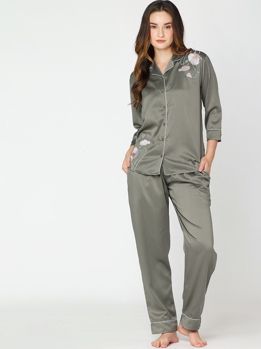 

I like me Olive Green & White Floral Embroidered Satin Night Suit