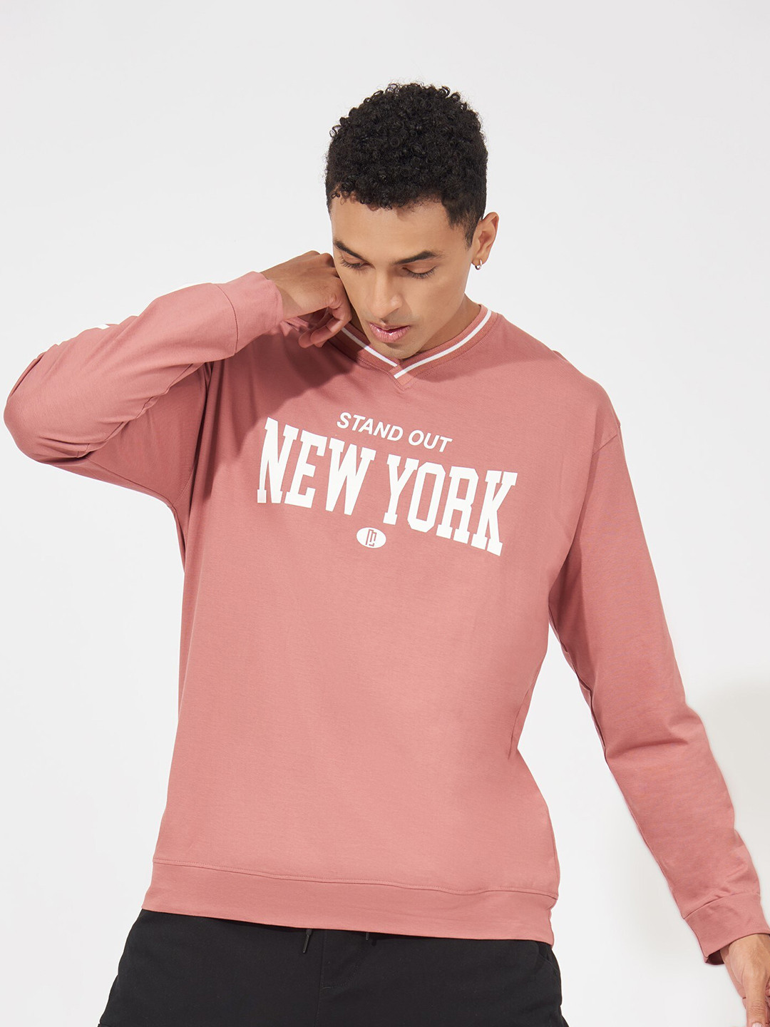 

Maniac Typography Printed V-Neck Oversized Cotton T-Shirt, Pink