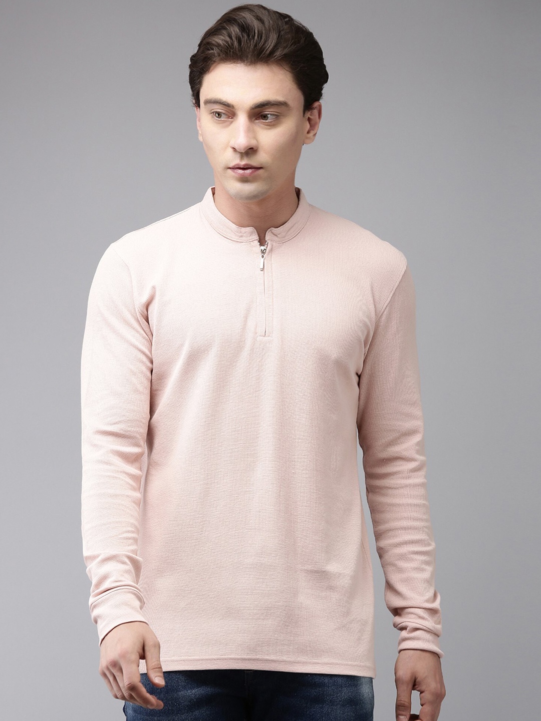 

Maniac Henley Neck Collar Slim Fit Cotton T-Shirt, Peach