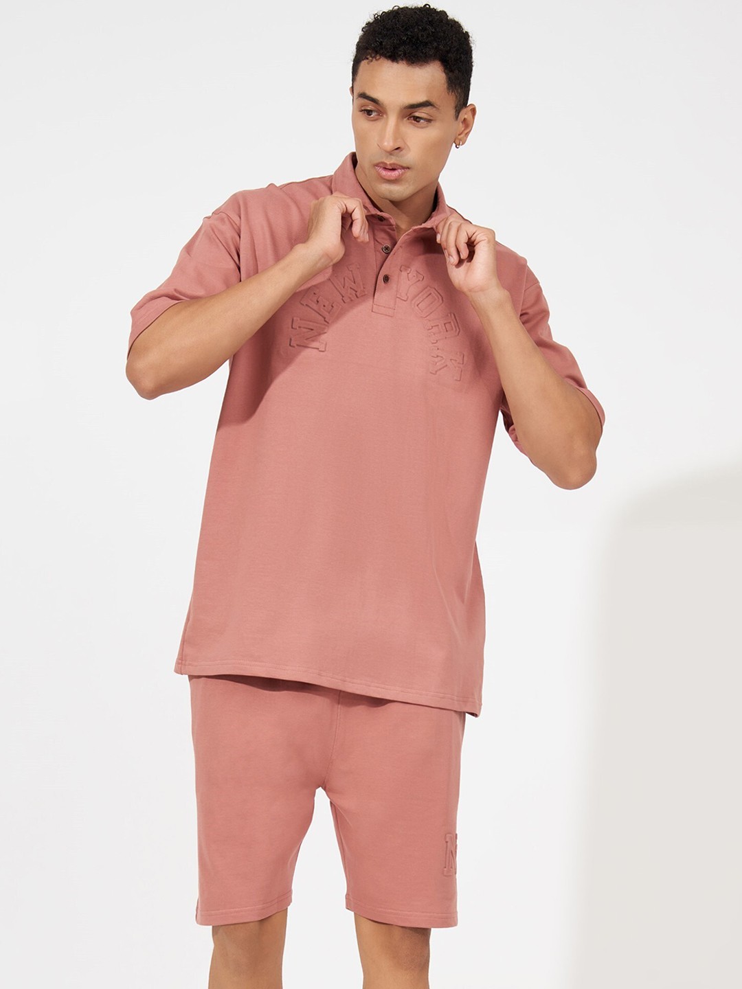 

Maniac Men Printed Polo Collar Cotton T-Shirt With Shorts Co-Ords, Pink