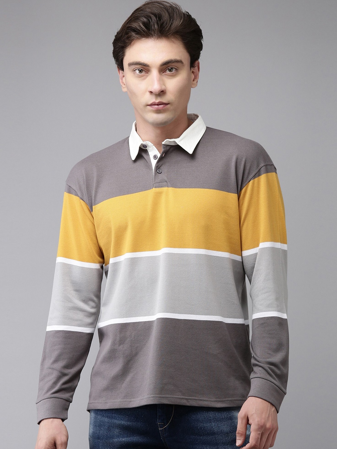 

Maniac Striped Polo Collar Slim Fit Cotton T-Shirt, Grey
