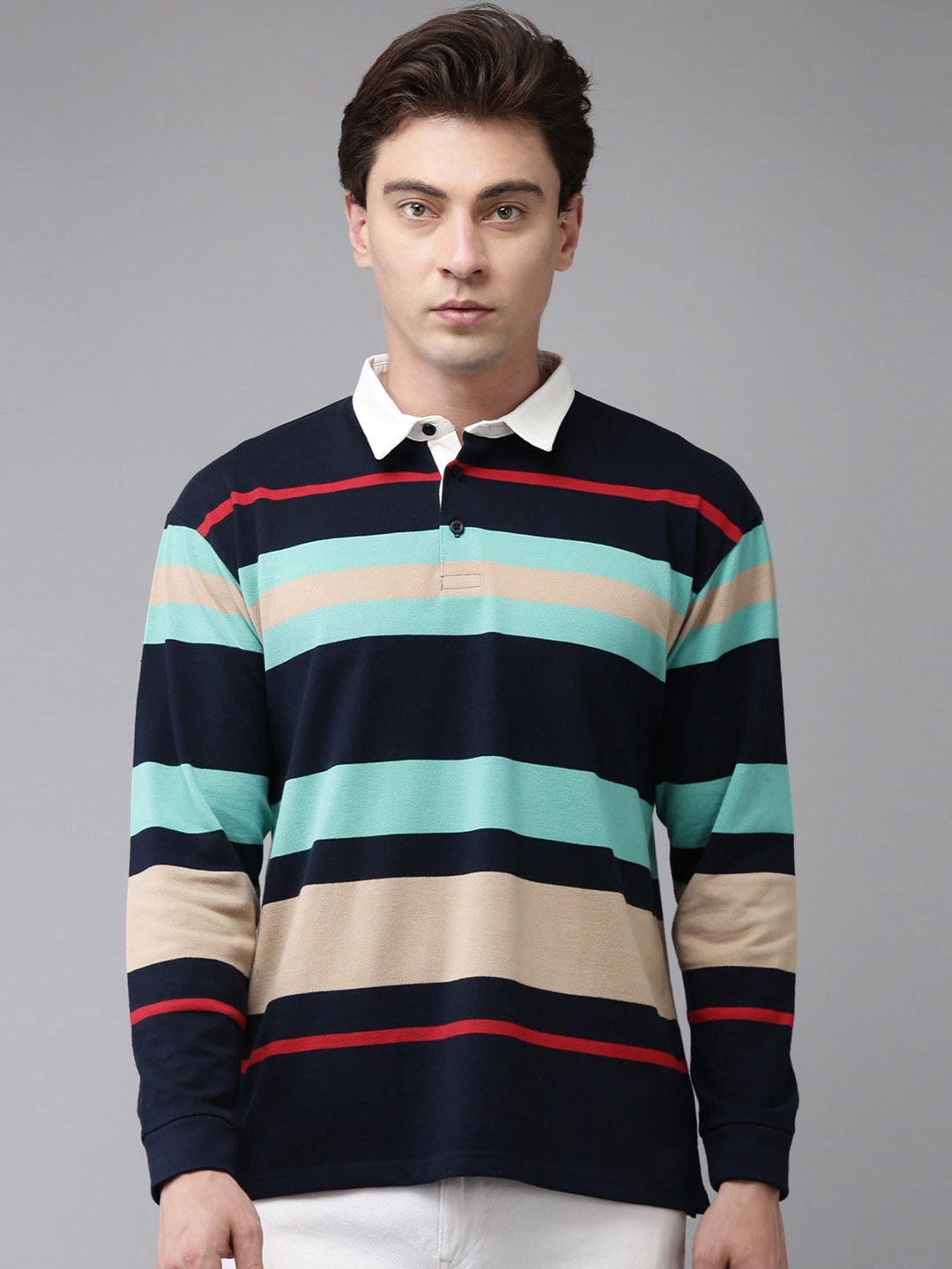 

Maniac Striped Polo Collar Slim Fit Cotton T-Shirt, Navy blue