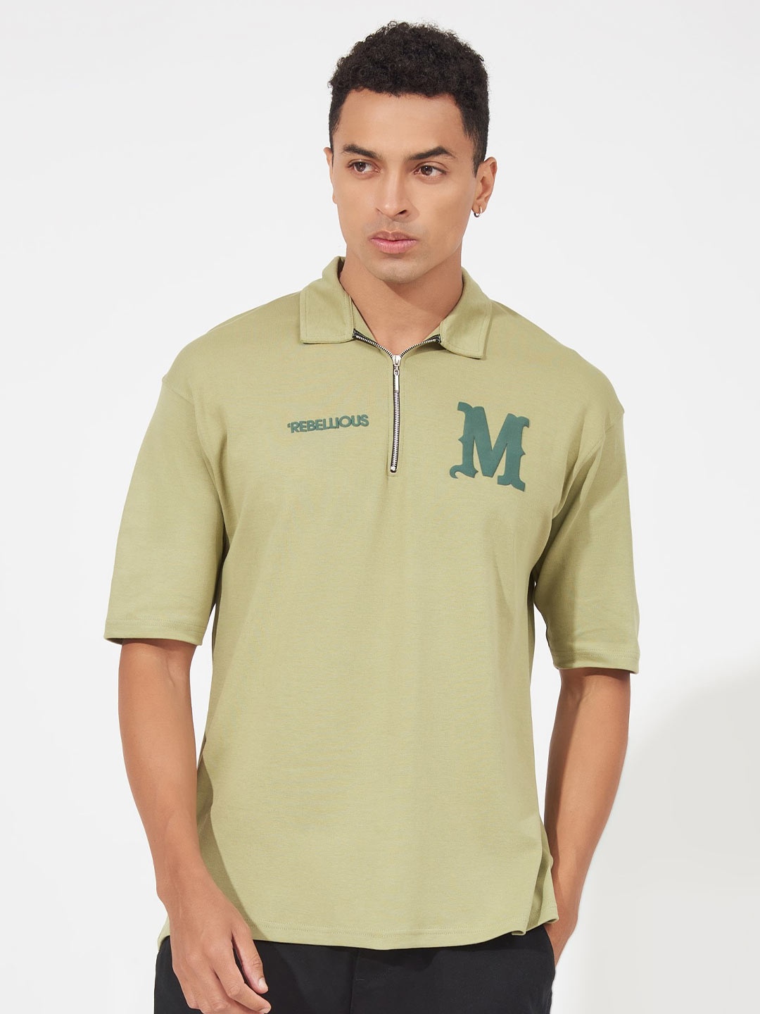 

Maniac Typography Polo Collar Oversized Cotton T-Shirt, Green