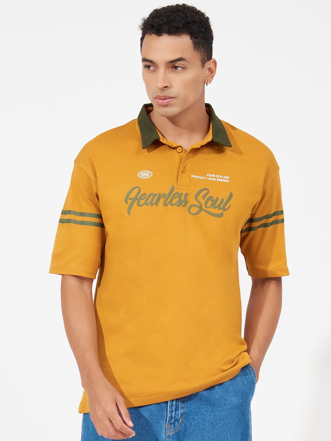 

Maniac Typography Printed Polo Collar Oversized Cotton T-Shirt, Yellow
