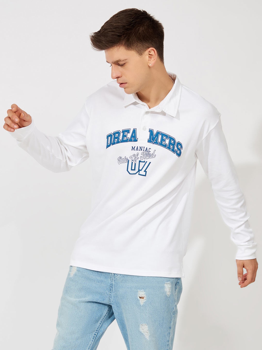 

Maniac Typography Printed Long Sleeves Polo Collar Oversized T-shirt, White