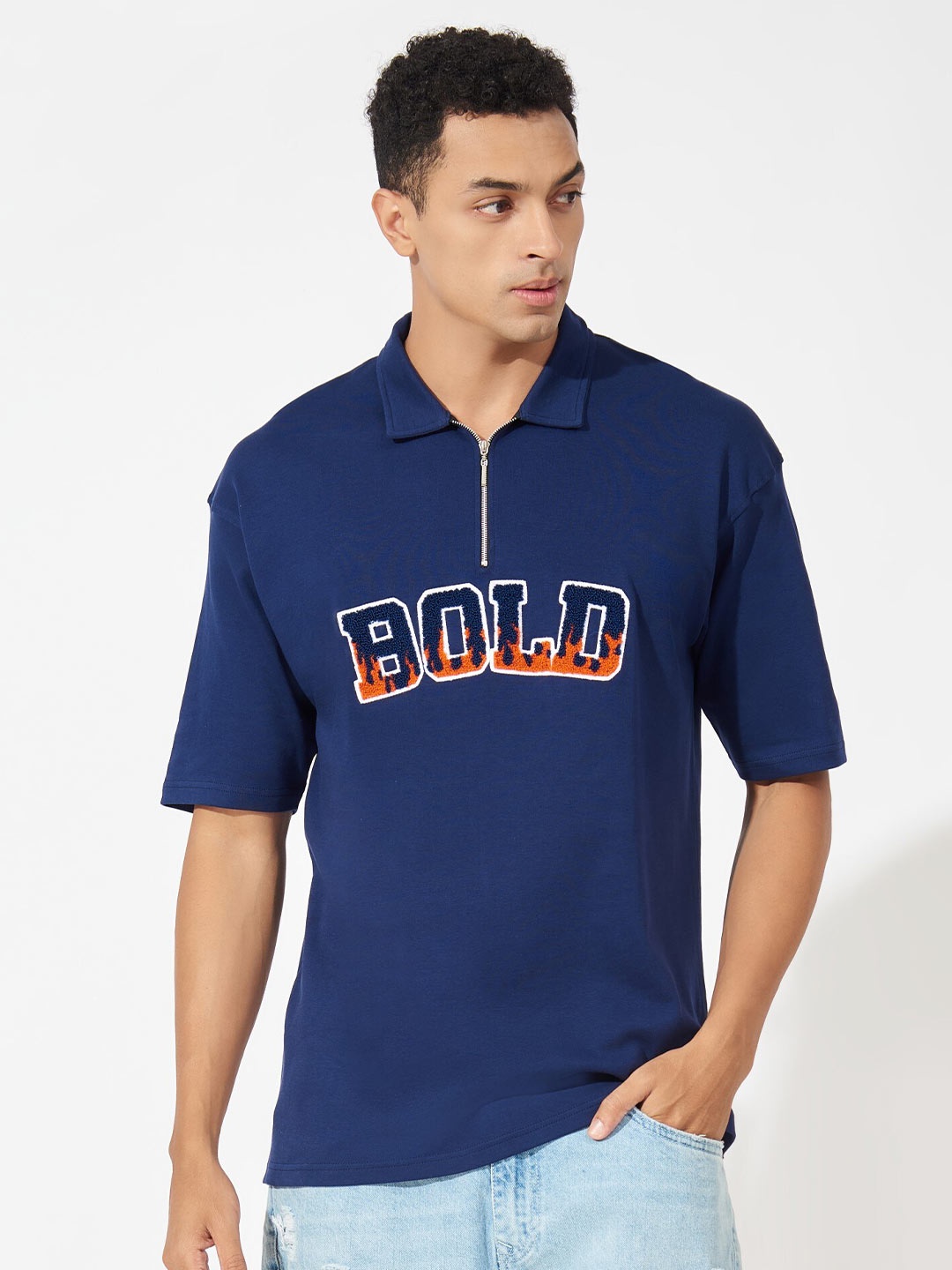 

Maniac Typography Printed Polo Collar Oversized T-shirt, Navy blue