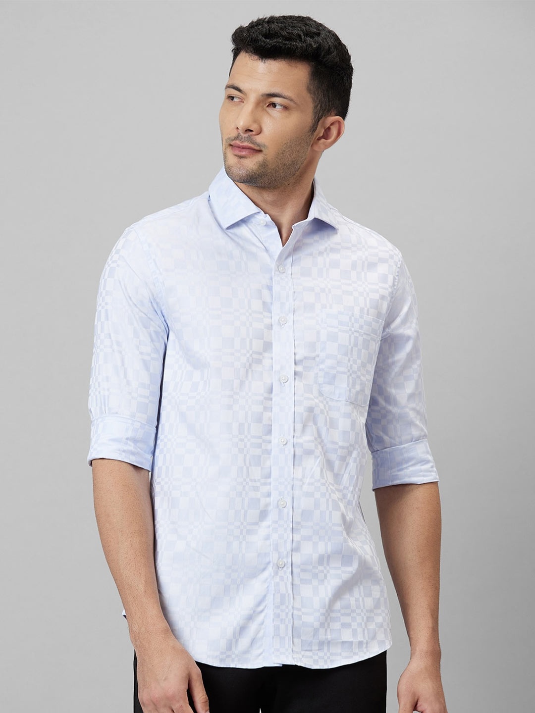 

WHITE HANGER Geometric Printed Cutaway Collar Cotton Linen Casual Shirt, Blue