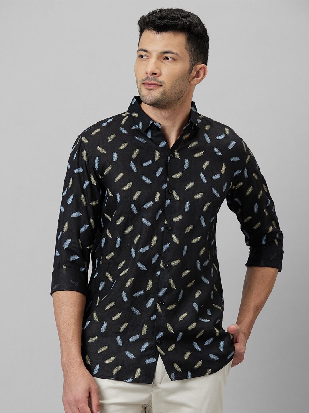 

WHITE HANGER Conversational Printed Cotton Linen Casual Shirt, Black