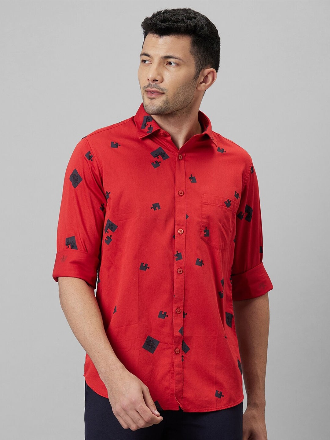 

WHITE HANGER Geometric Printed Cotton Linen Casual Shirt, Red