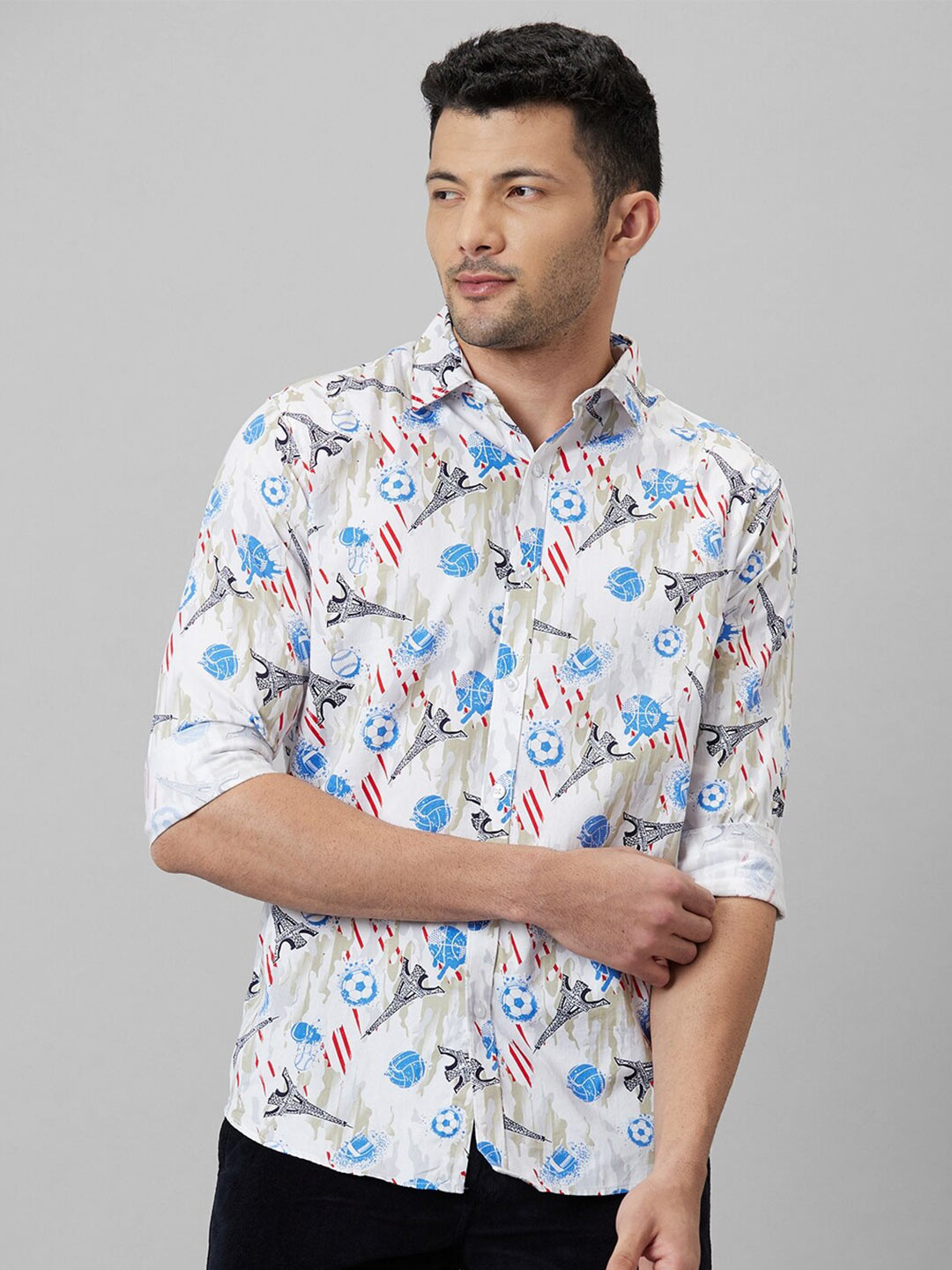 

WHITE HANGER Conversational Printed Cotton Linen Casual Shirt