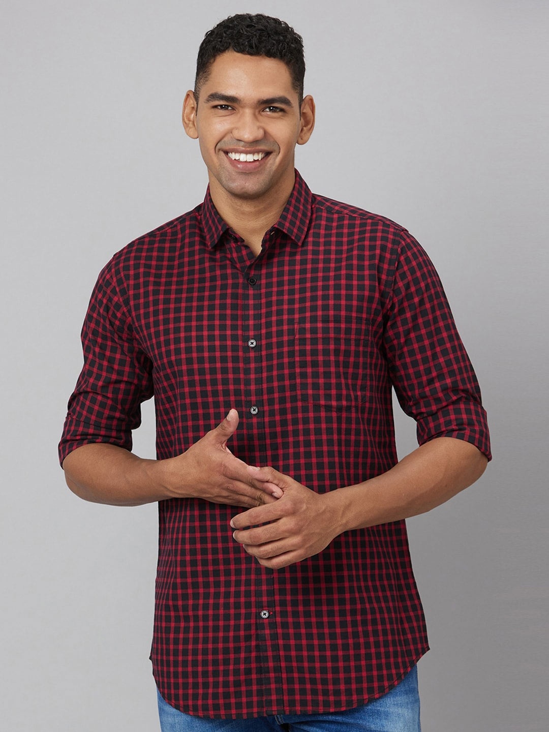

WHITE HANGER Buffalo Checked Cotton Linen Casual Shirt, Red