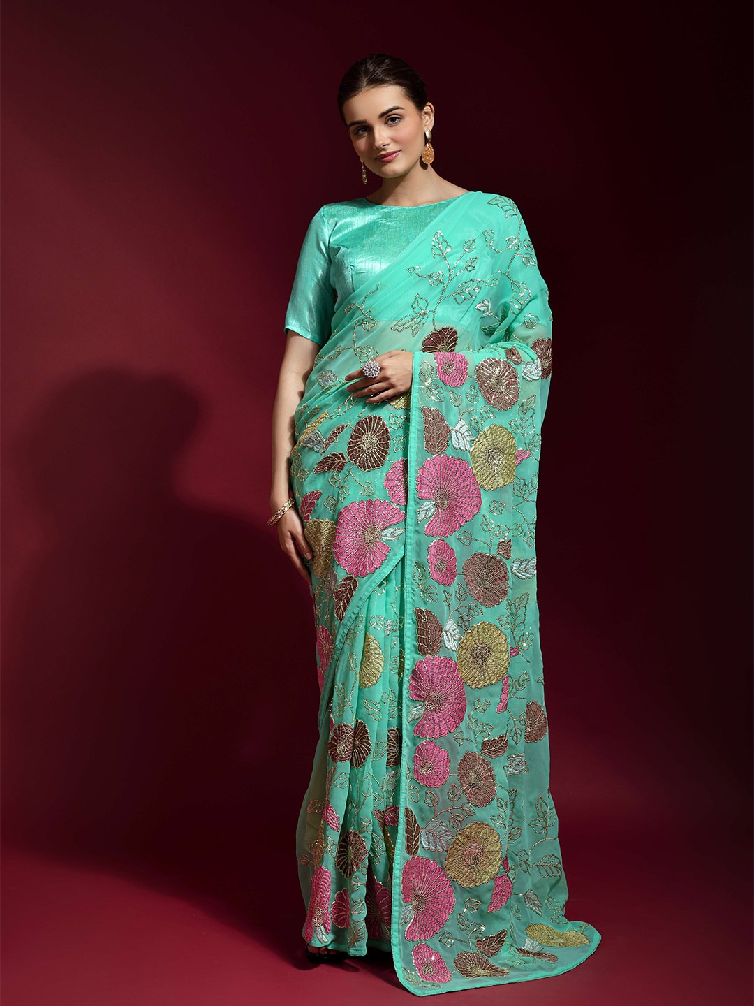 

VEERAX Floral Pure Georgette Saree, Sea green