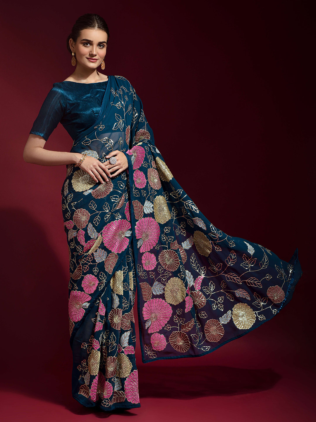 

VEERAX Floral Pure Georgette Saree, Teal