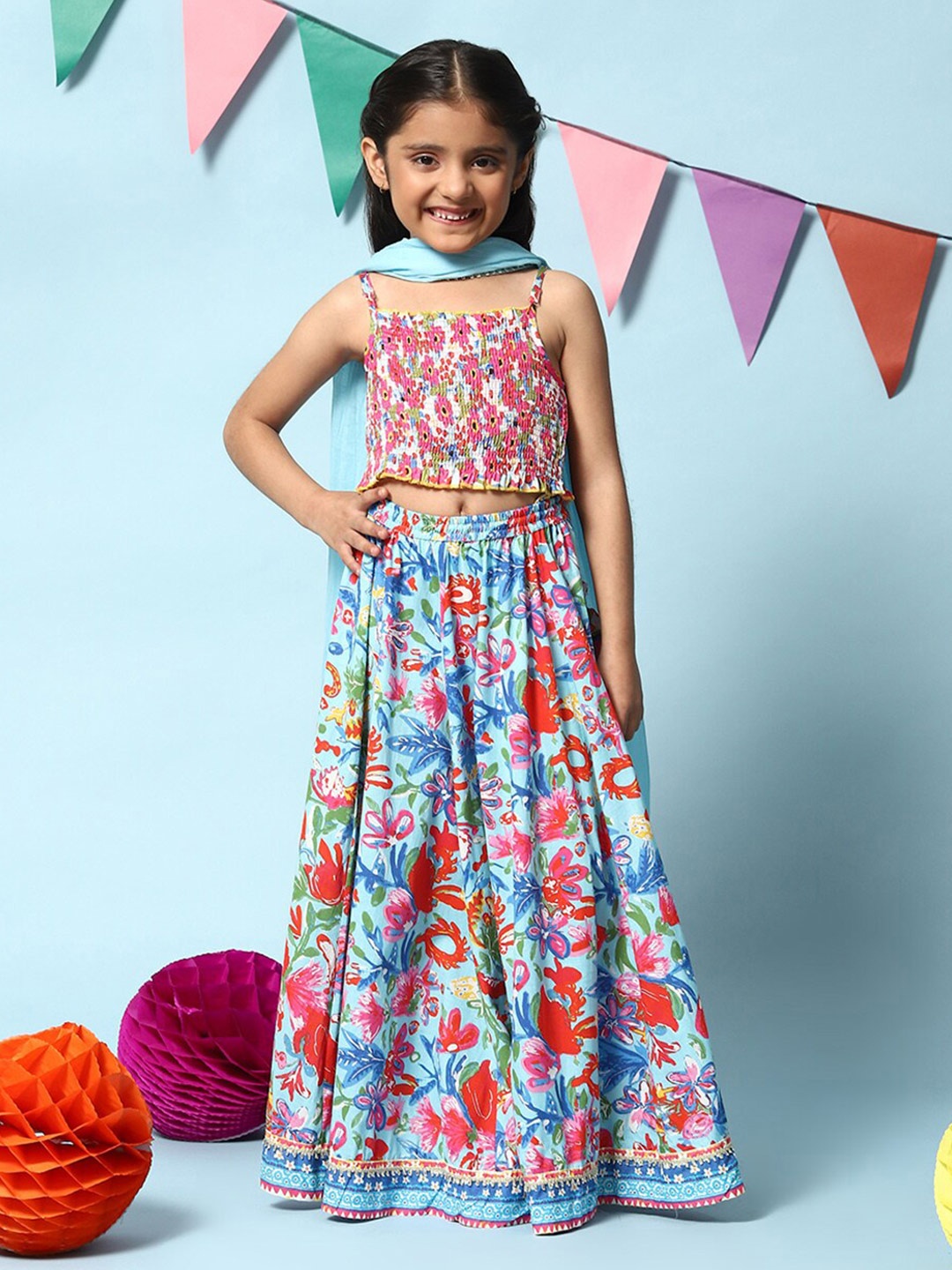 

Biba Girls Floral Printed Ready to Wear Lehenga & Blouse With Dupatta, Pink