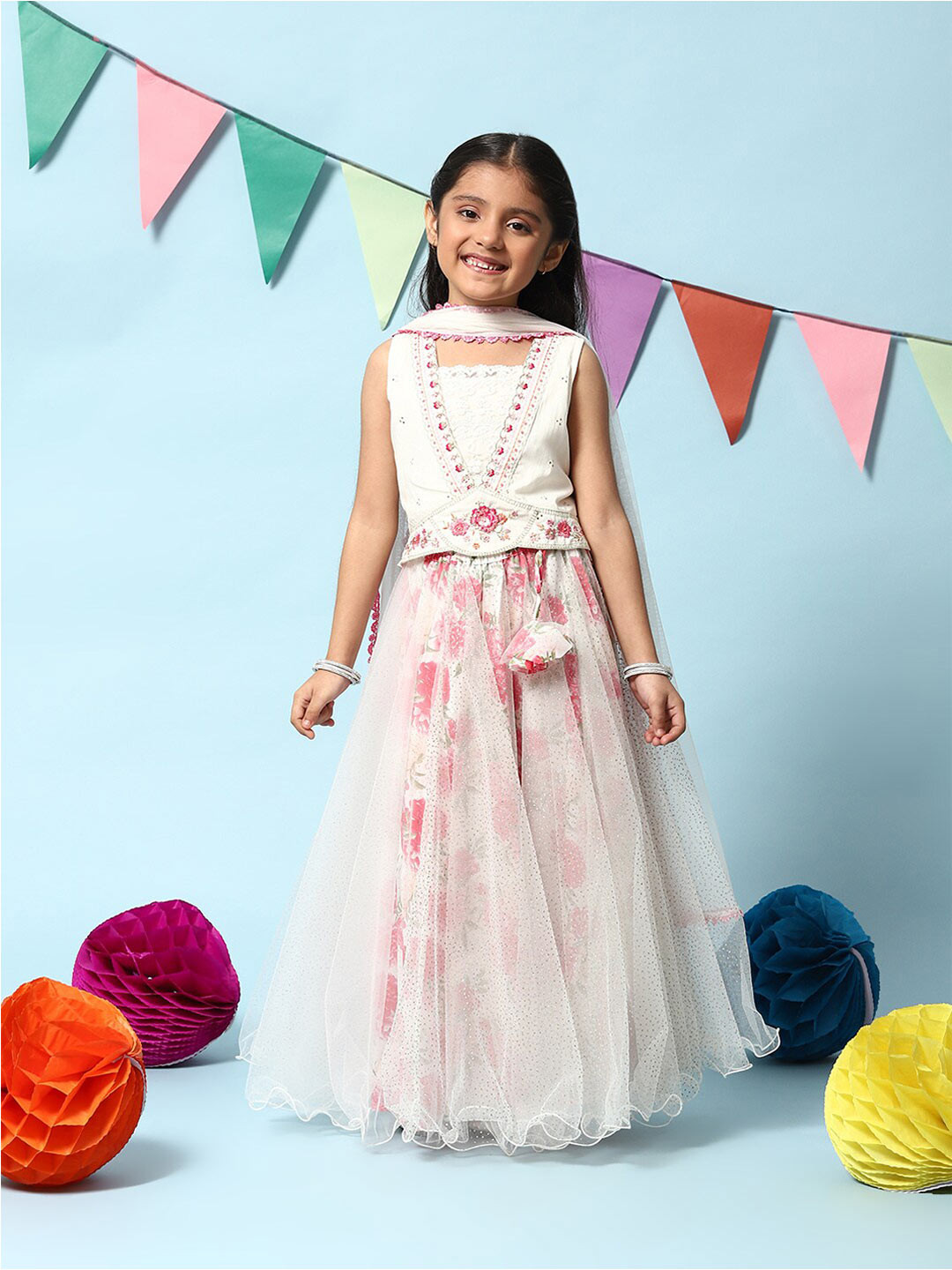 

Biba Girls Floral Embellished Thread Work Ready to Wear Lehenga & Blouse With Dupatta, Off white