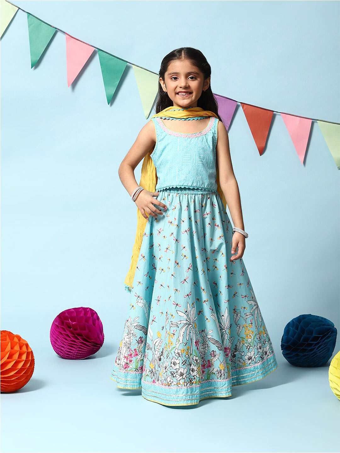 

Biba Girls Conversational Printed Ready to Wear Lehenga & Blouse With Dupatta, Turquoise blue