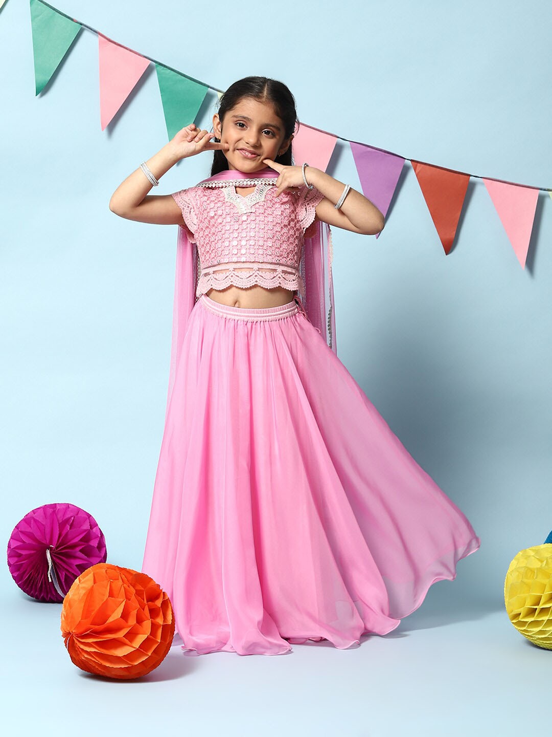 

Biba Girls Embroidered Thread Work Ready to Wear Lehenga & Blouse With Dupatta, Pink