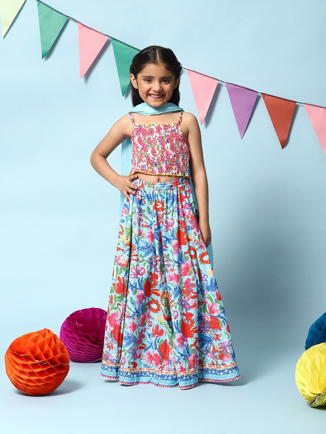 

Biba Girls Floral Ready to Wear Lehenga & Blouse With Dupatta, Blue