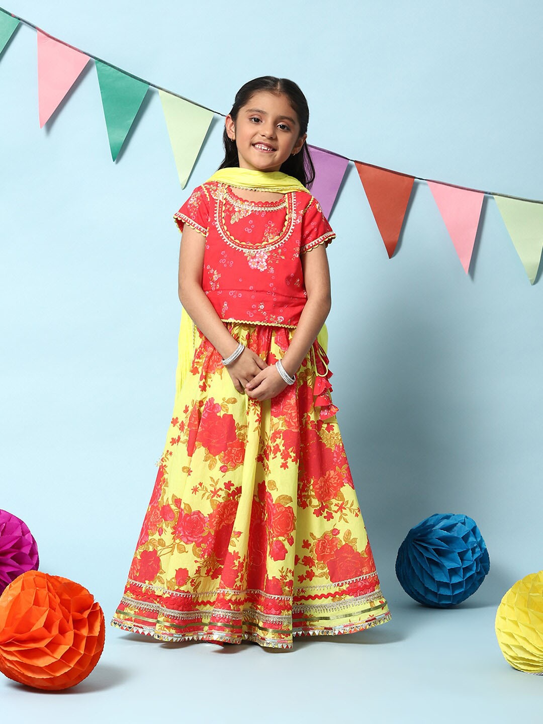 

Biba Girls Floral Ready to Wear Lehenga & Blouse With Dupatta, Red