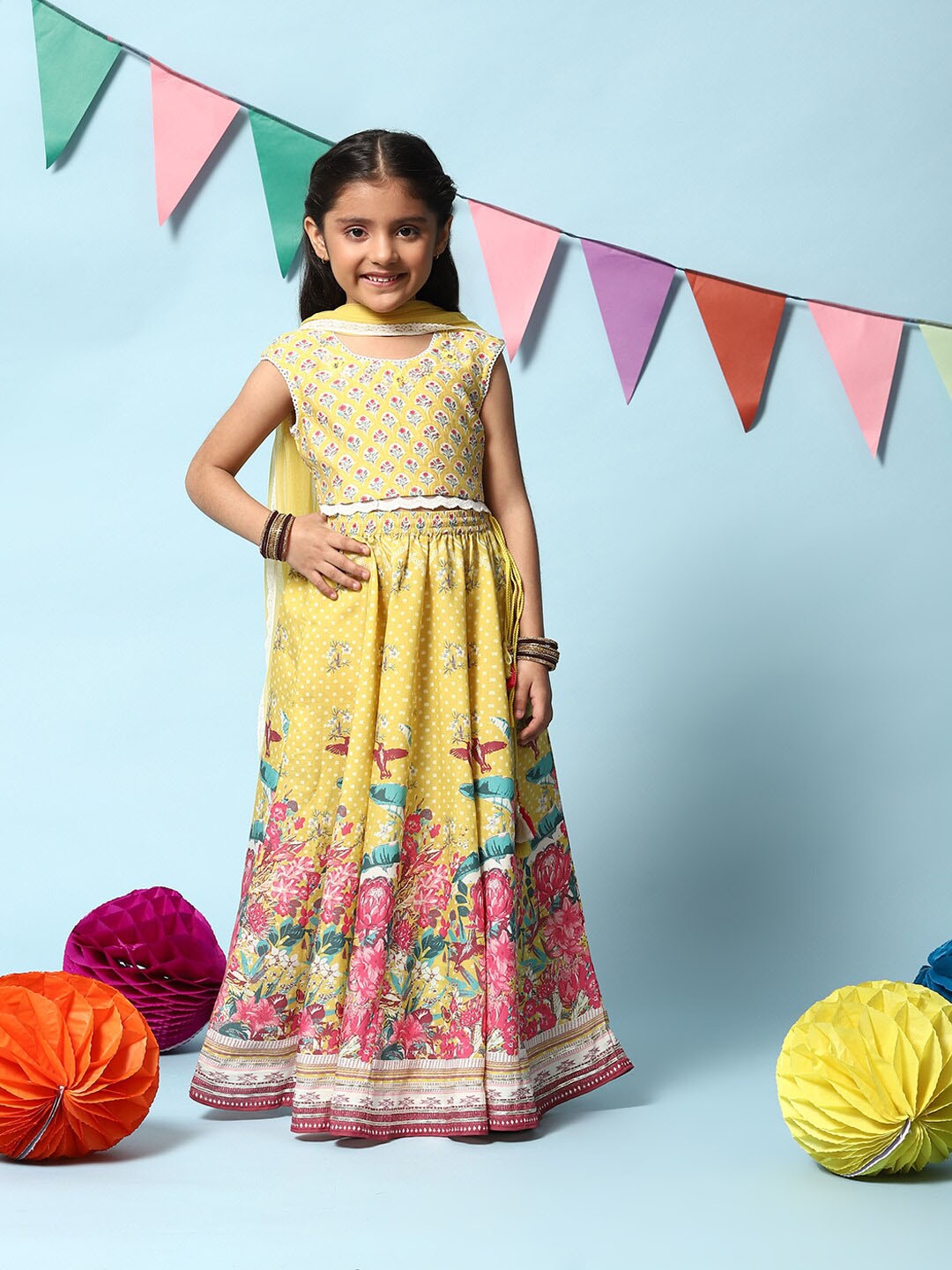 

Biba Girls Ethnic Motif Printed Ready to Wear Lehenga & Blouse With Dupatta, Yellow