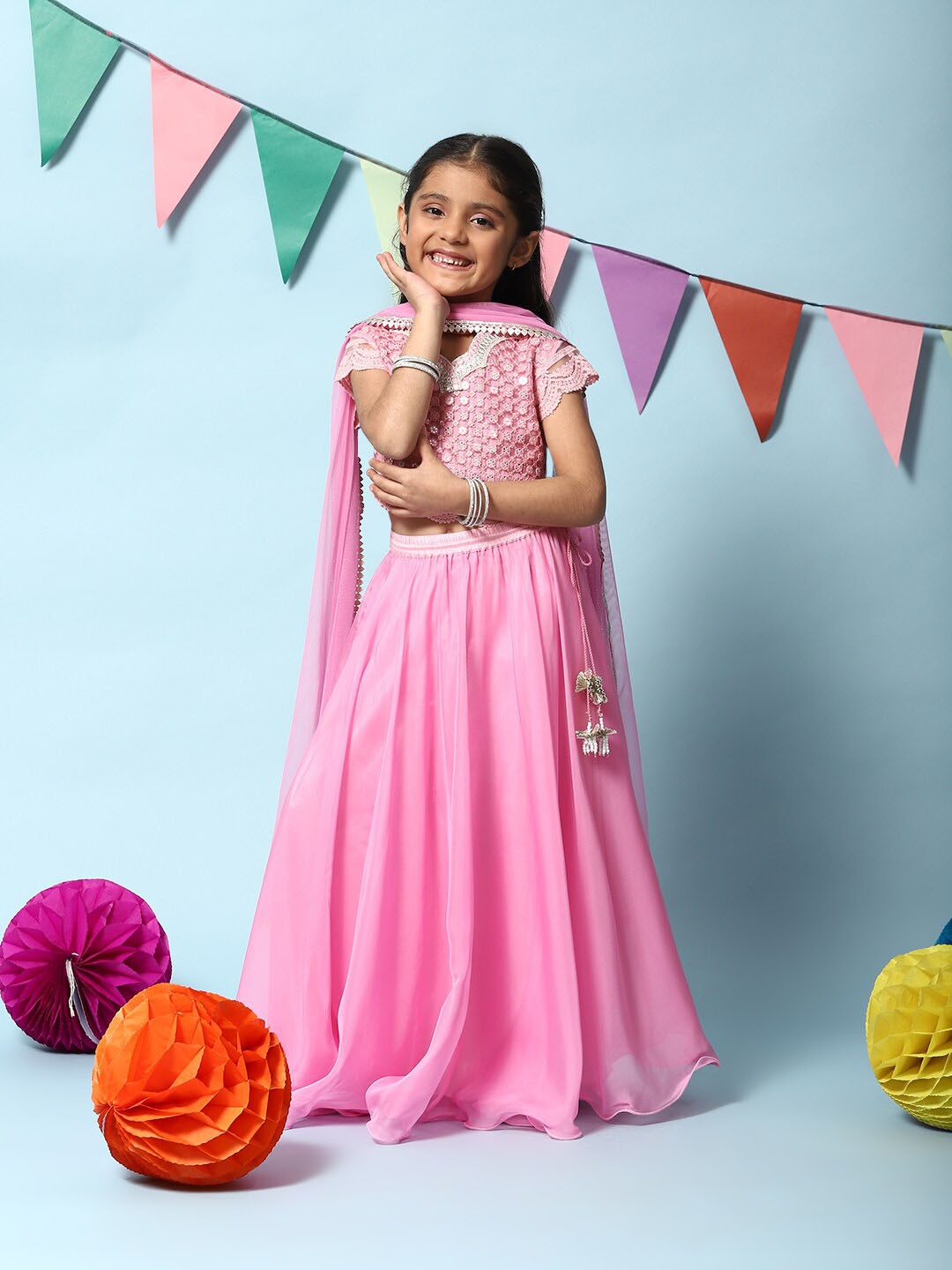 

Biba Girls Embroidered Thread Work Ready to Wear Lehenga & Blouse With Dupatta, Pink