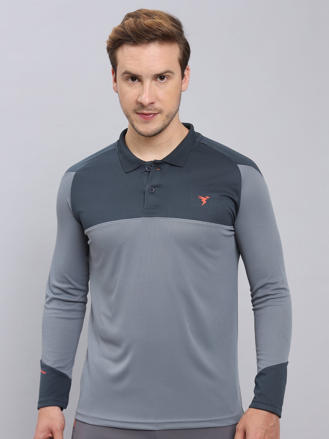 

Technosport Colourblocked Polo Collar Antimicrobial Slim Fit T-shirt, Grey
