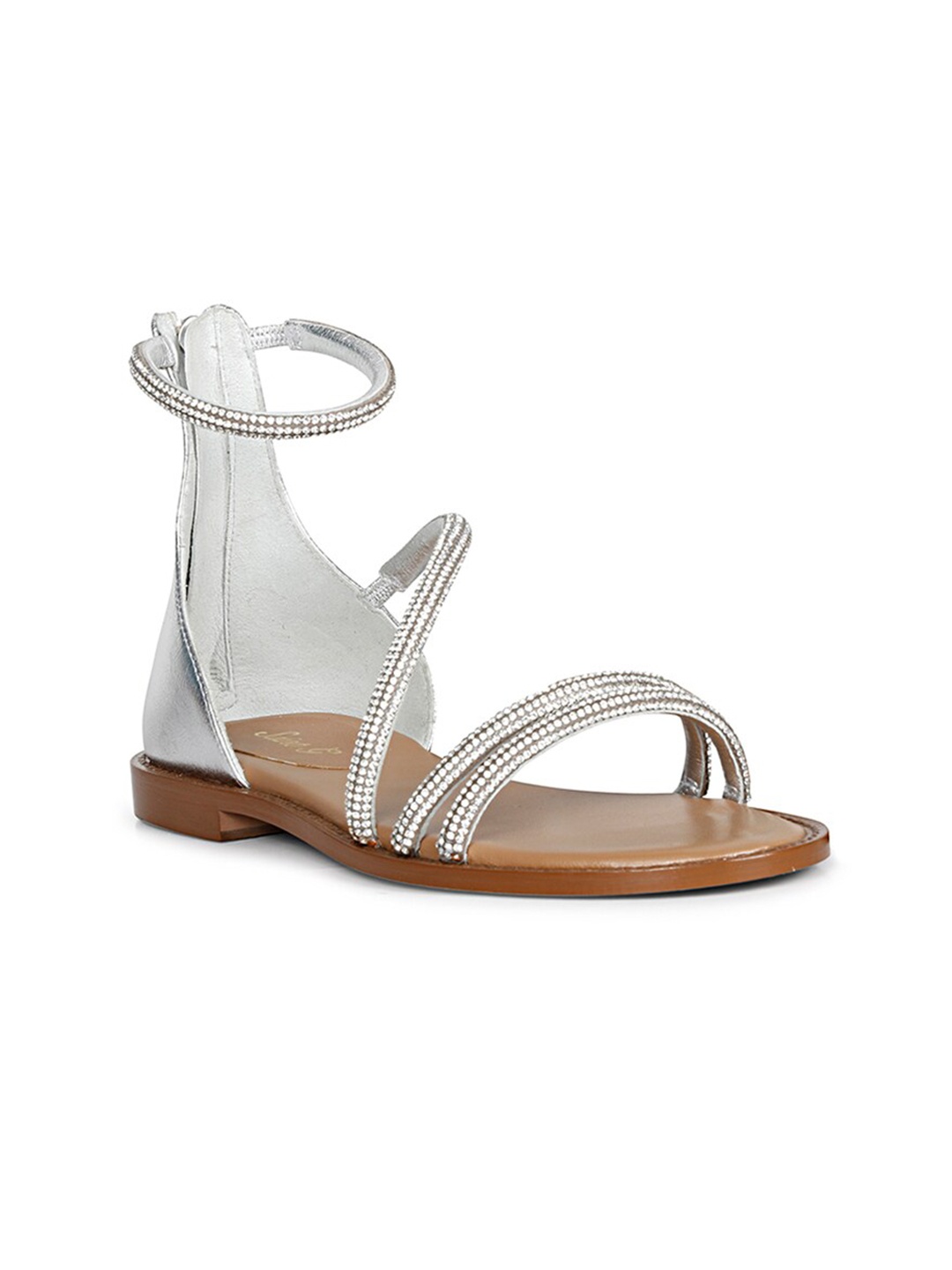 

Saint G Women Embellished Mid Top Leather Open Toe Flats With Zip Ankle Loop, Silver