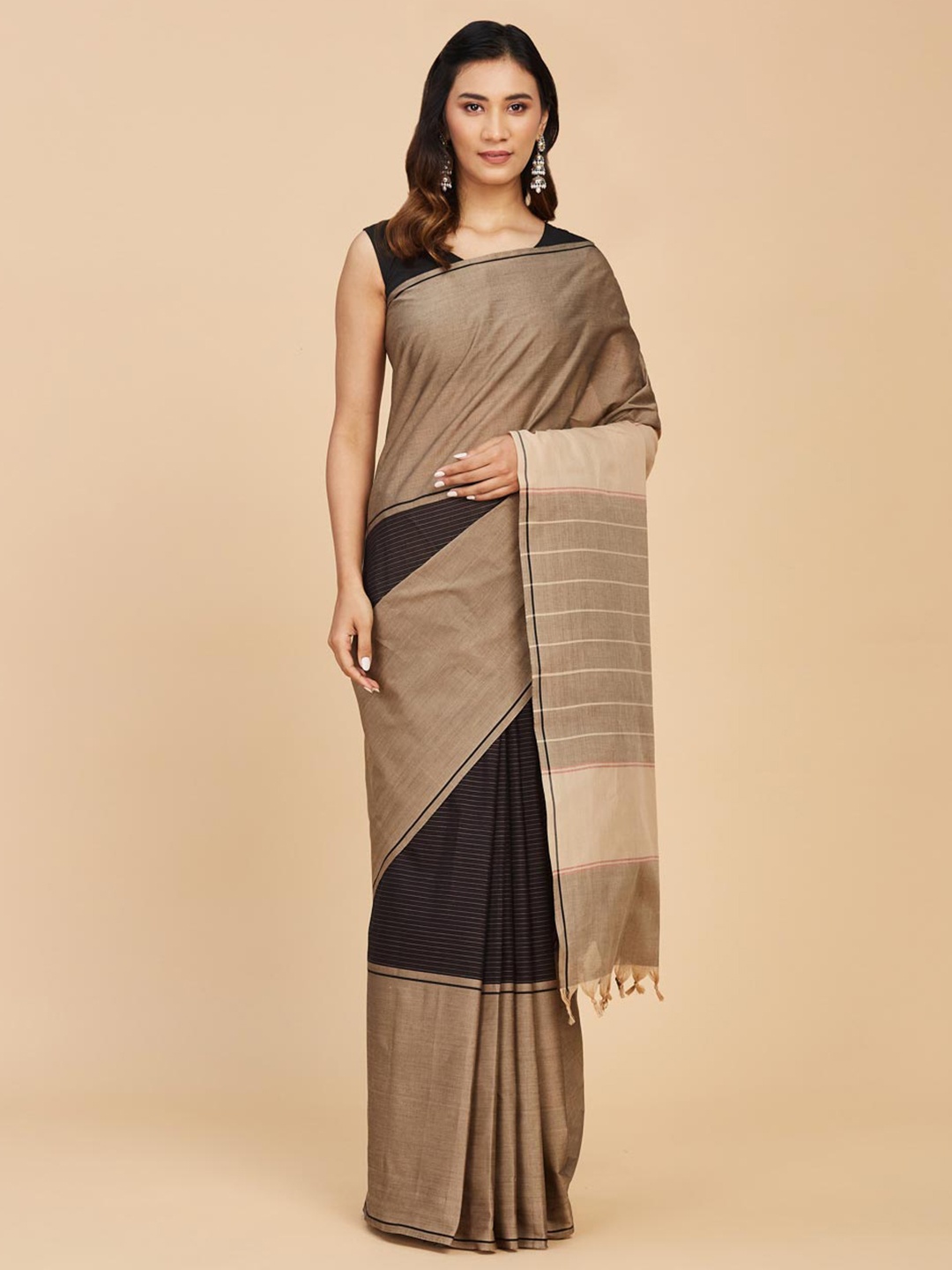 

Fabindia Striped Pure Cotton Saree, Black