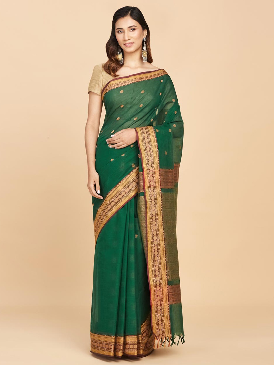

Fabindia Woven Design Zari Pure Cotton Saree, Green