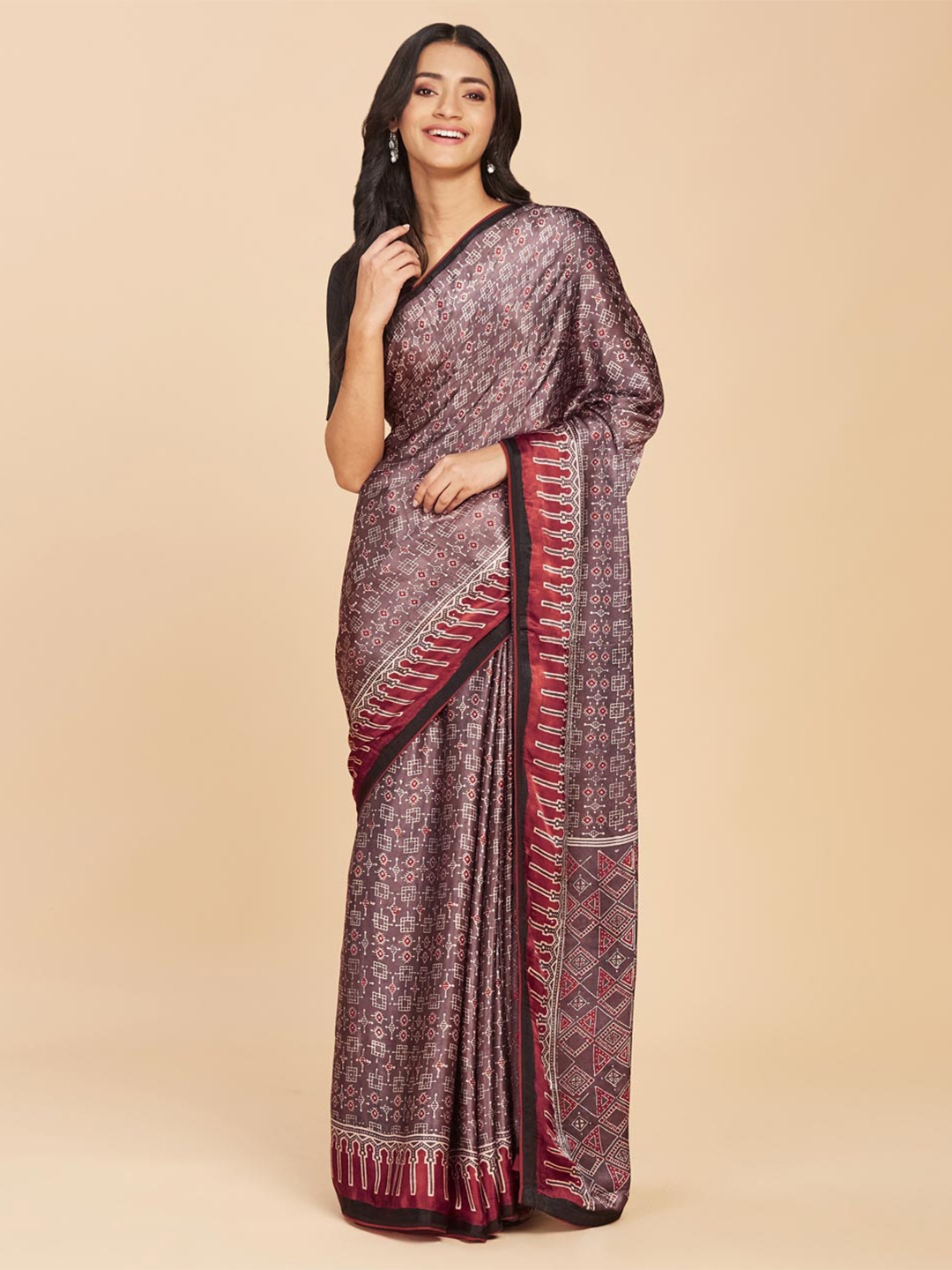 

Fabindia Geometric Printed Art Silk Saree, Purple