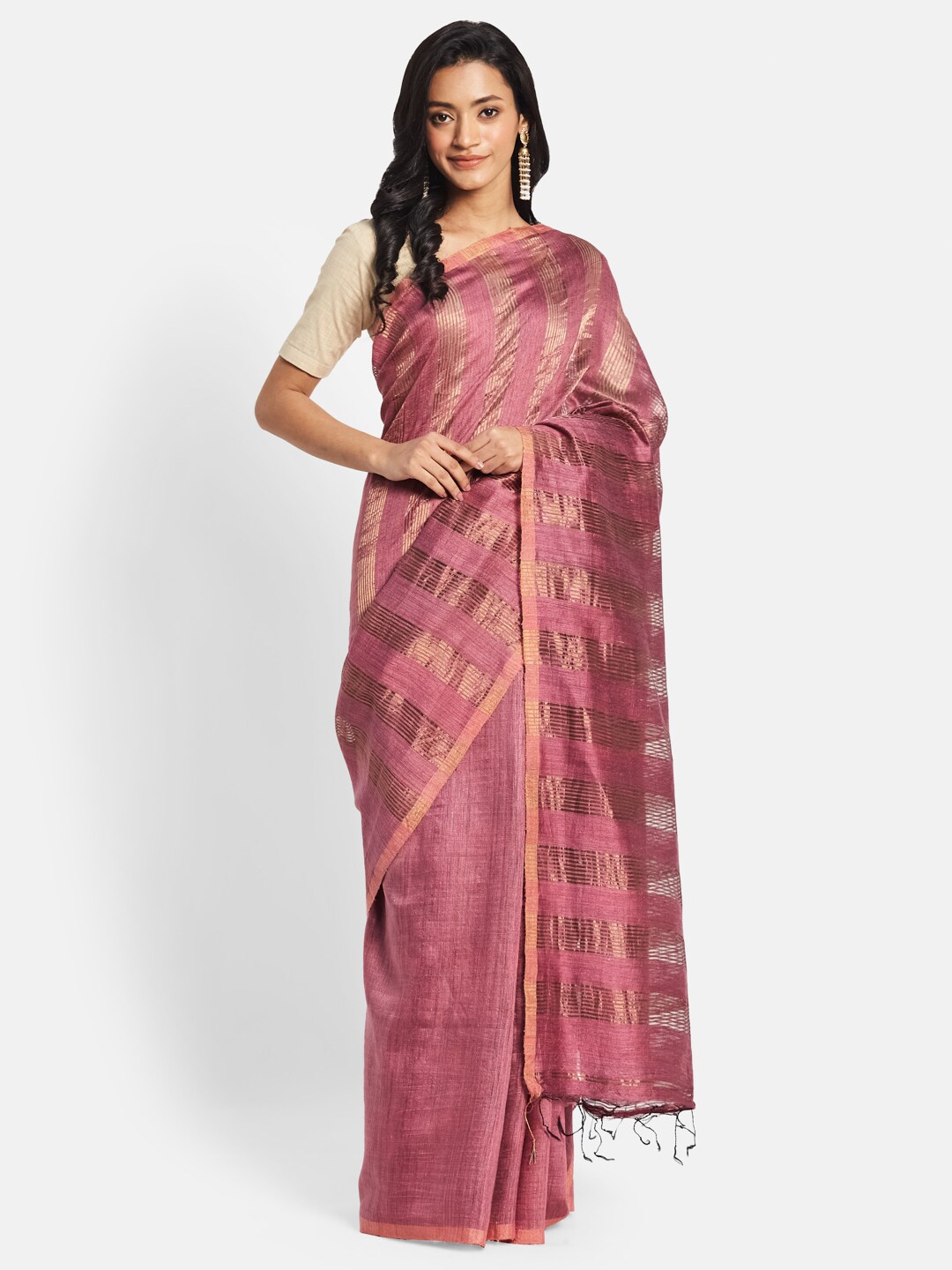 

Fabindia Striped Zari Pure Silk Saree, Pink