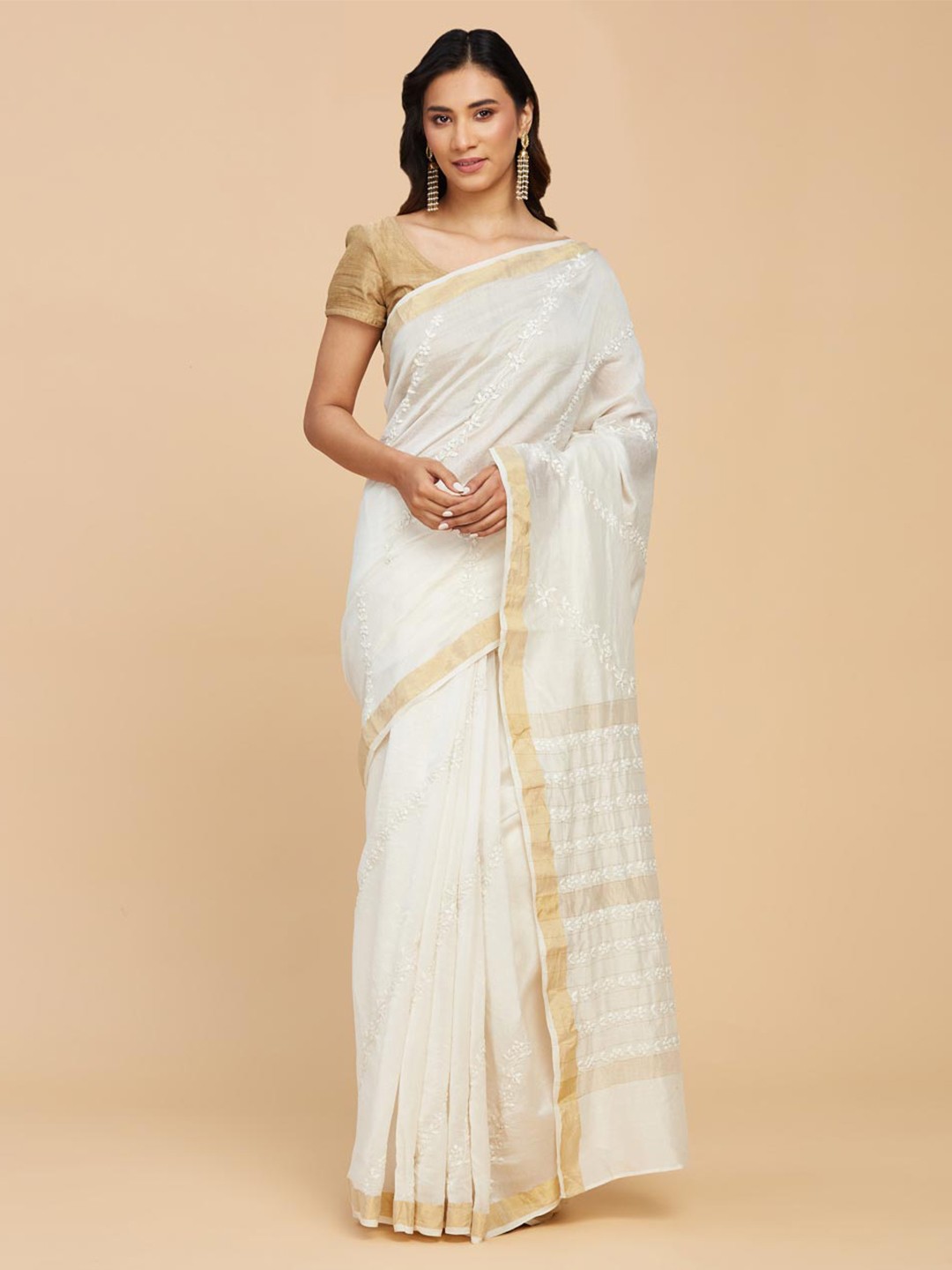 

Fabindia Fora Embroidered Zari Silk Cotton Saree, Off white