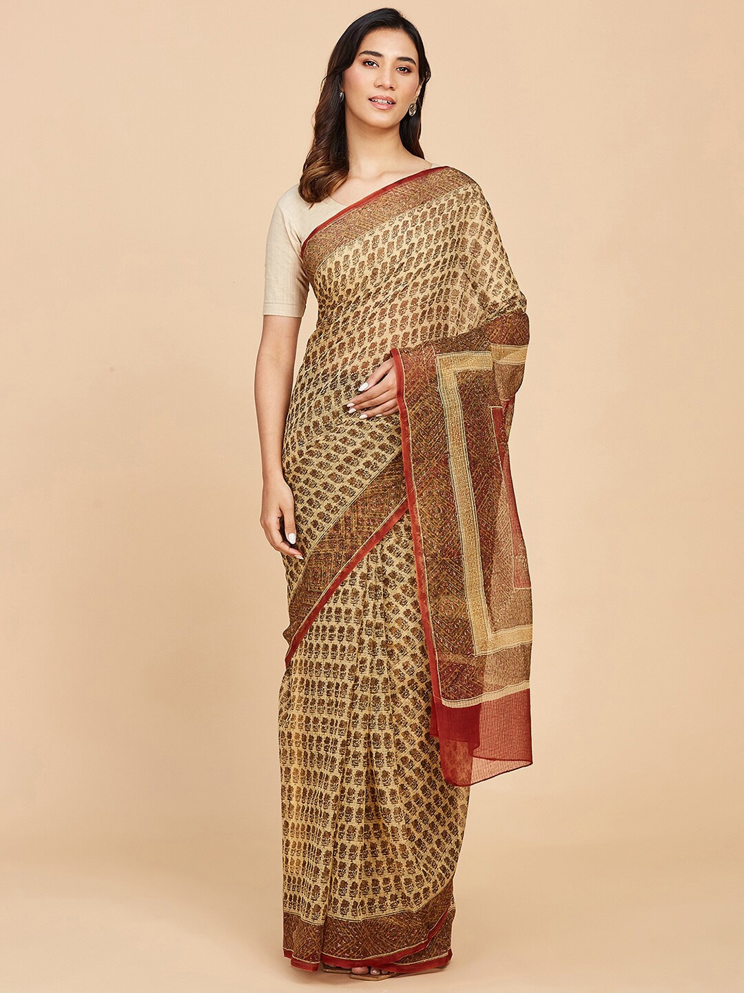 

Fabindia Floral Printed Silk Cotton Saree, Cream