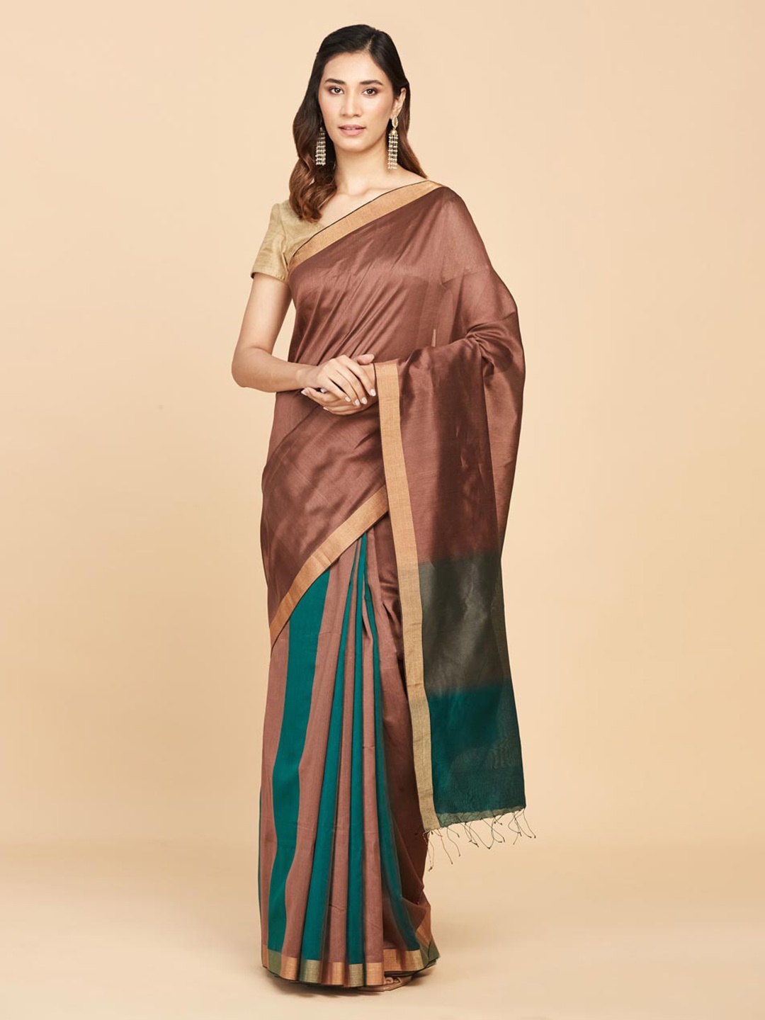 

Fabindia Colourblocked Zari Silk Cotton Saree, Brown