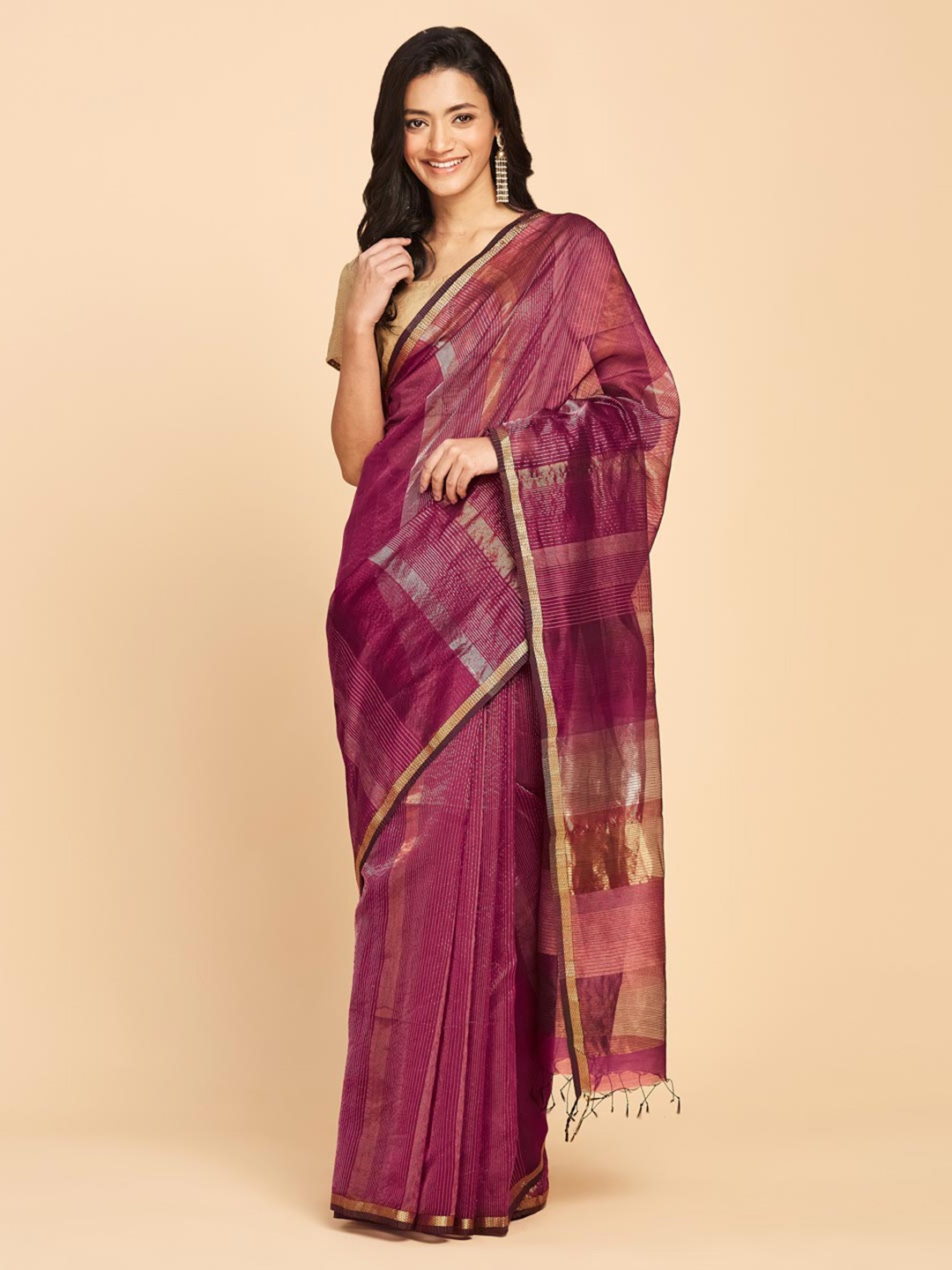 

Fabindia Striped Zari Silk Cotton Maheshwari Saree, Red