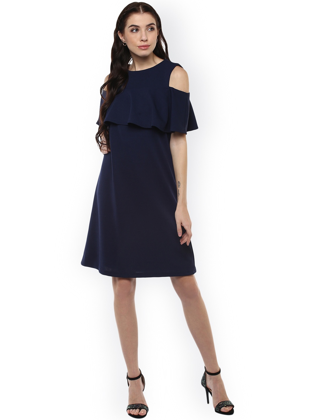 

Harpa Women Navy Blue Solid A-Line Cold Shoulder Dress