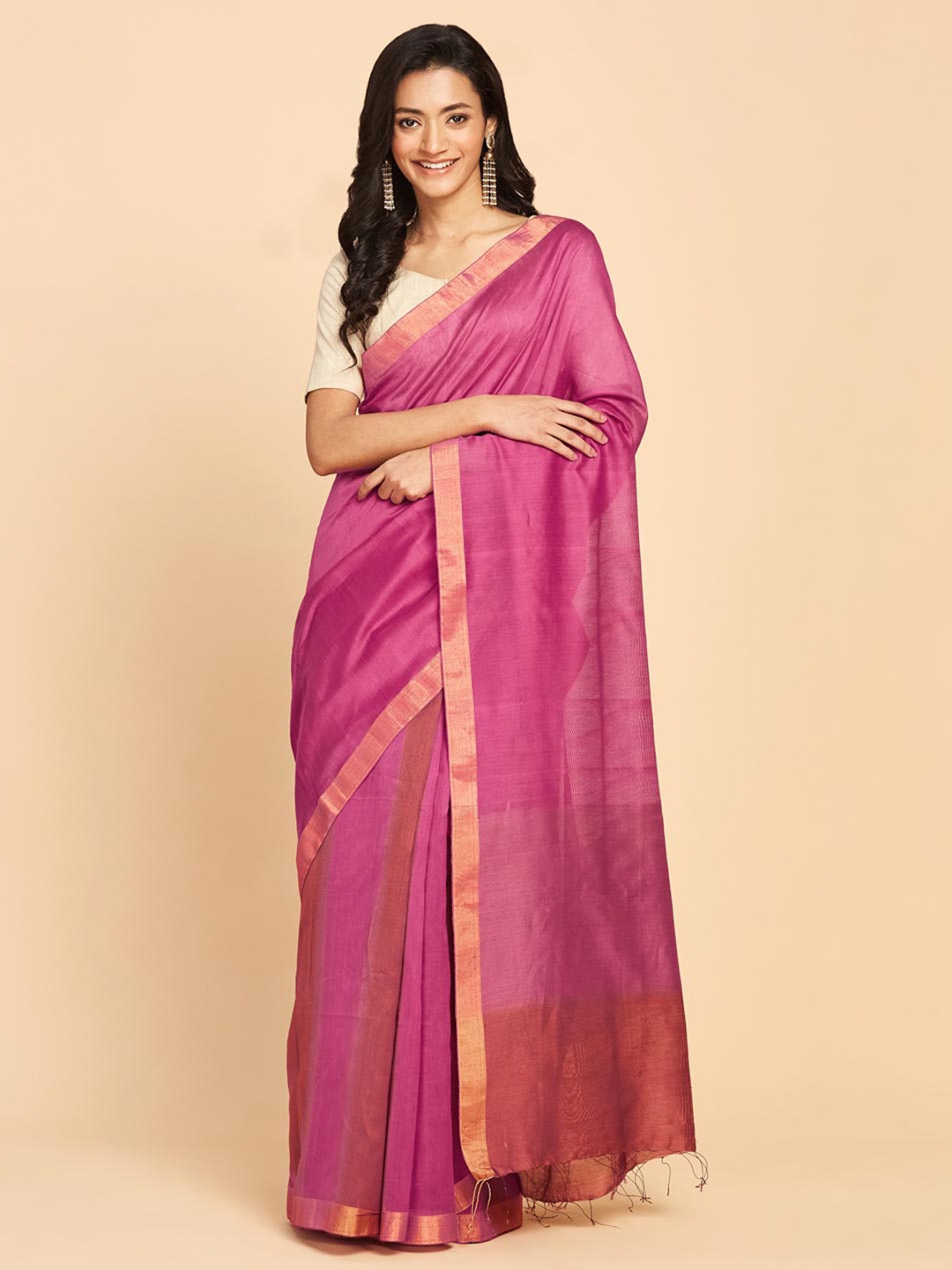 

Fabindia Zari Silk Cotton Saree, Fuchsia