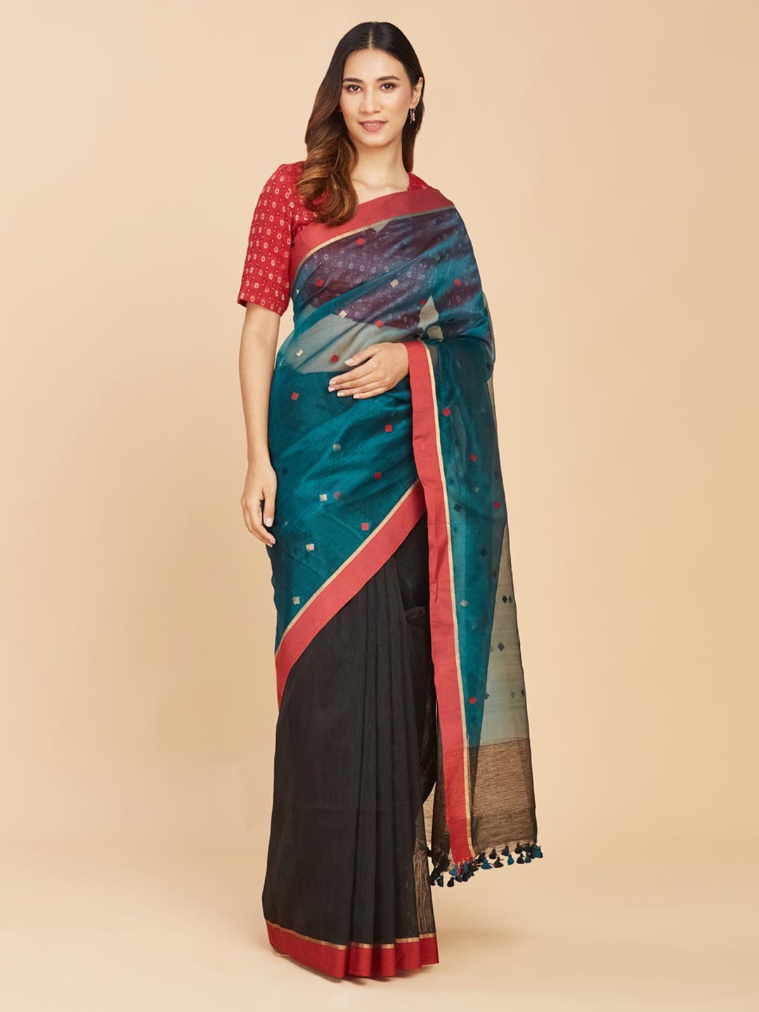 

Fabindia Woven Design Linen Silk Half and Half Saree, Teal