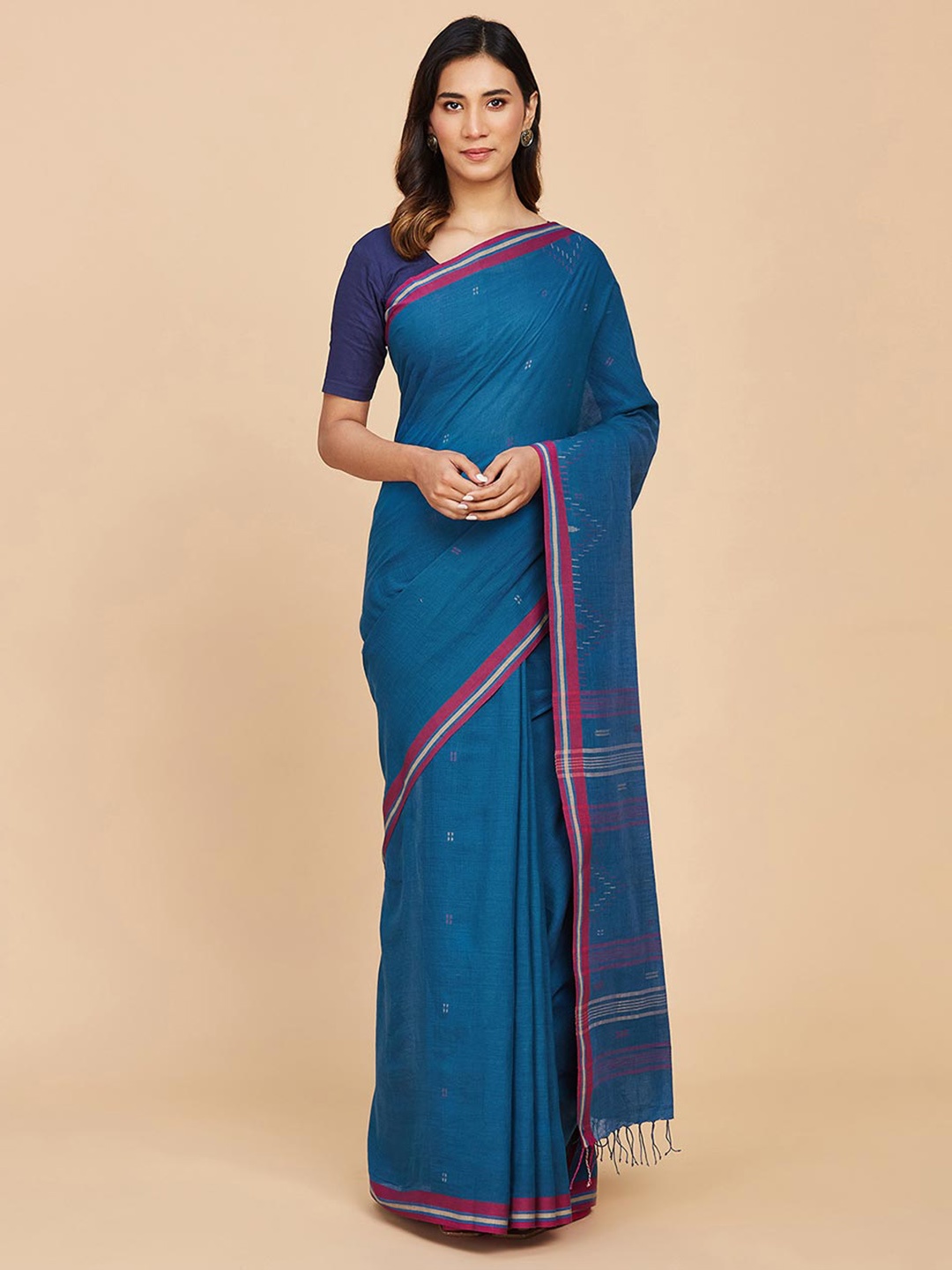 

Fabindia Woven Design Pure Cotton Saree, Teal