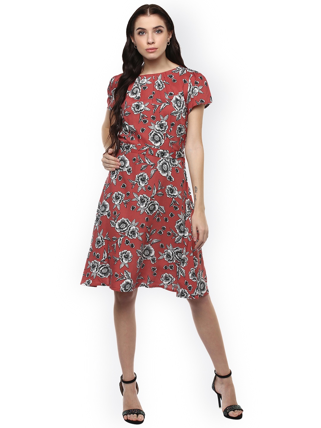 

Harpa Women Rust Printed Fit and Flare Dress