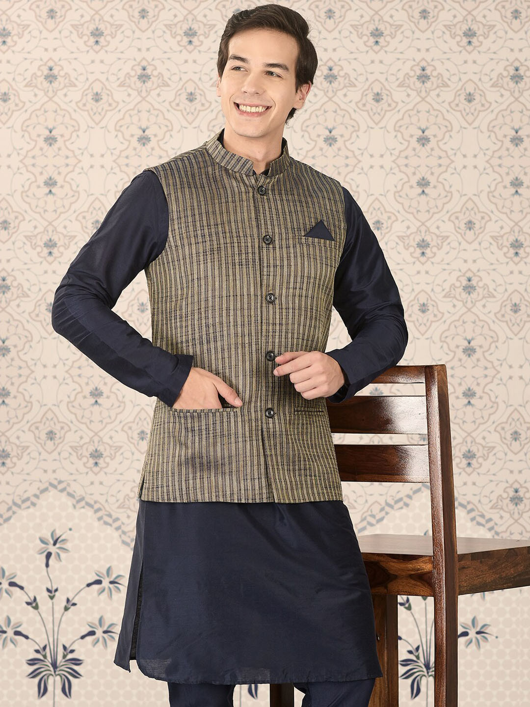 

Ode by House of Pataudi Navy Blue Mandarin Collar Kurta With Churidar & Nehru Jacket
