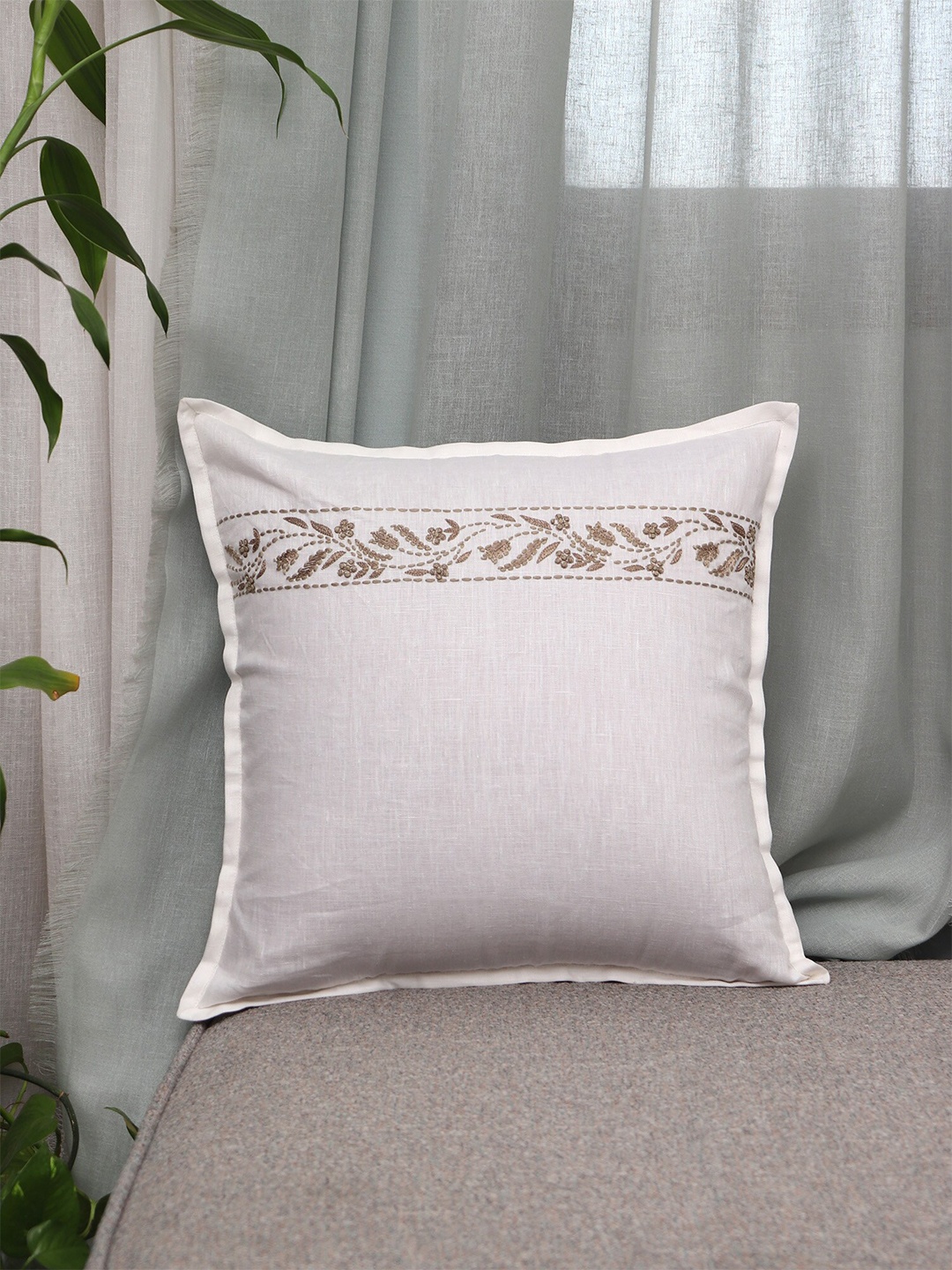 ZEBA Luxe Collection White & Beige Floral Embroidered Cotton Square Cushion Cover