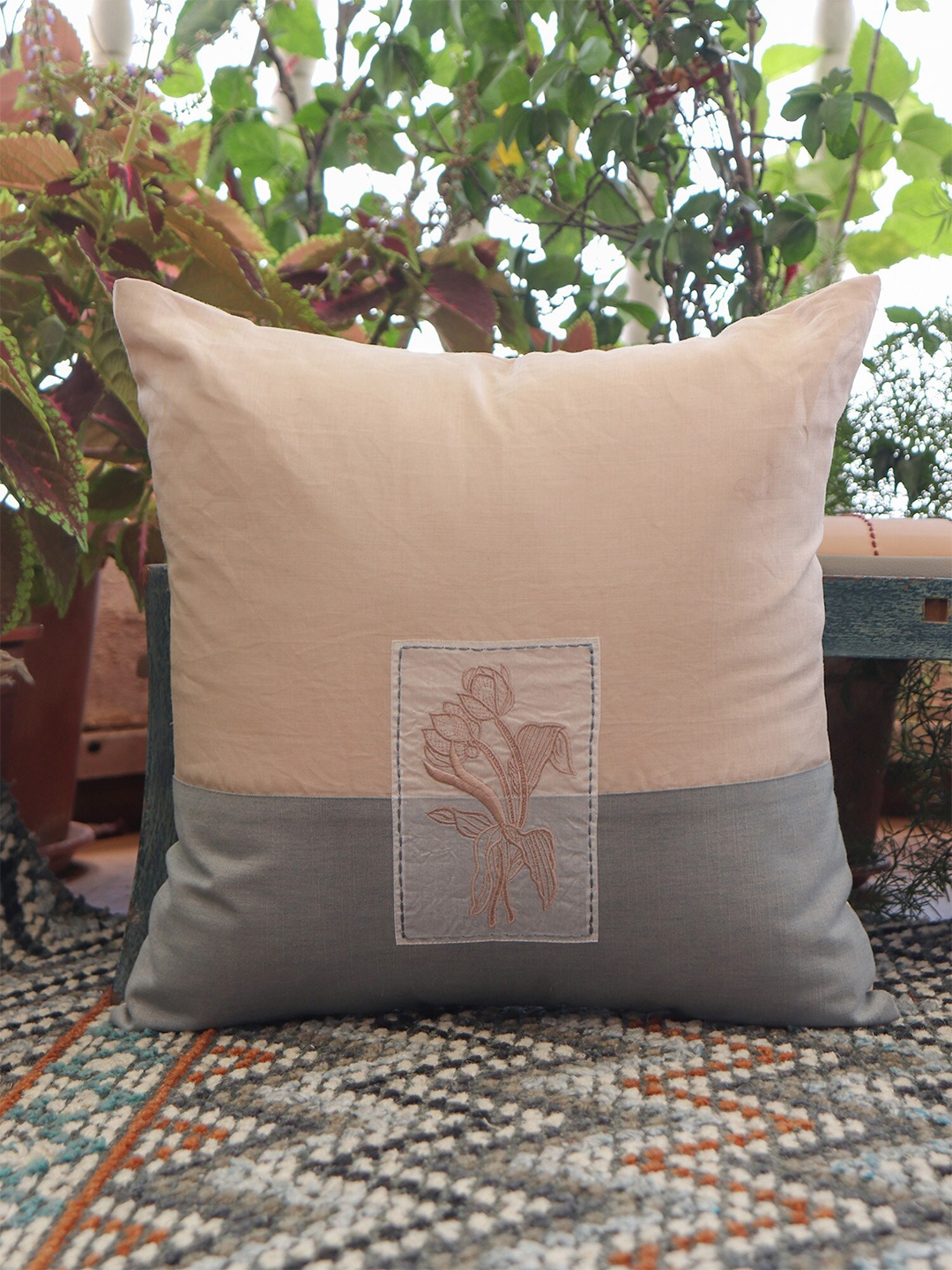 

ZEBA Beige & Grey Embroidered Cotton Square Cushion Cover