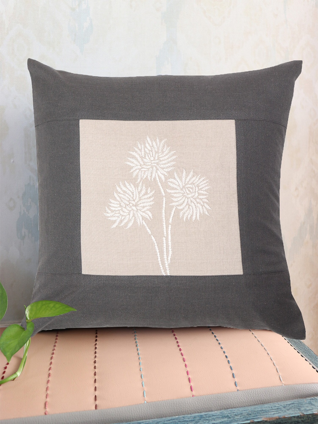 

ZEBA Luxe Collection Grey & White Embroidered Cotton Square Cushion Cover