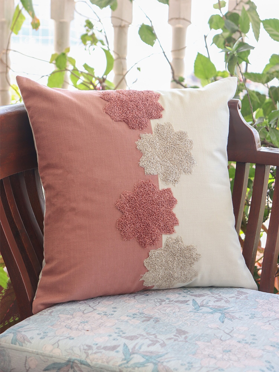 

ZEBA Luxe Collection Coral & Beige Embroidered Cotton Square Cushion Cover