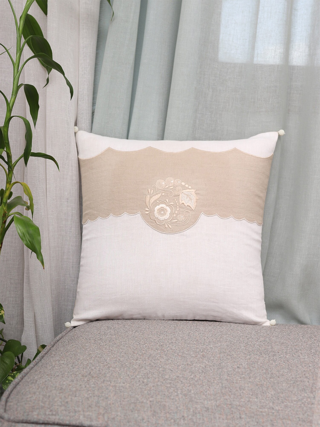 

ZEBA Beige & White Cotton Embroidered Square Cushion Covers