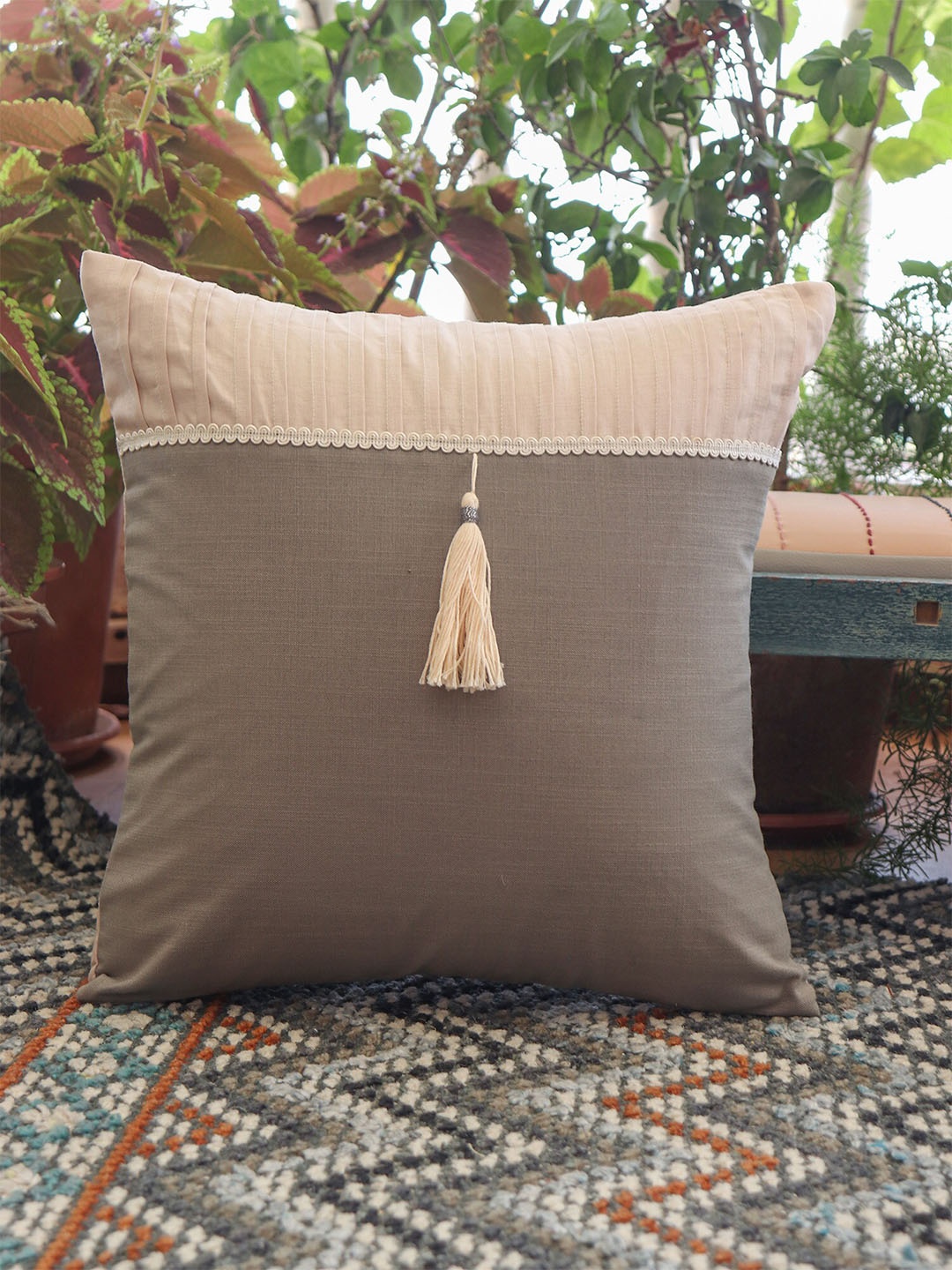 

ZEBA Beige & Grey Embellished Cotton Square Cushion Cover