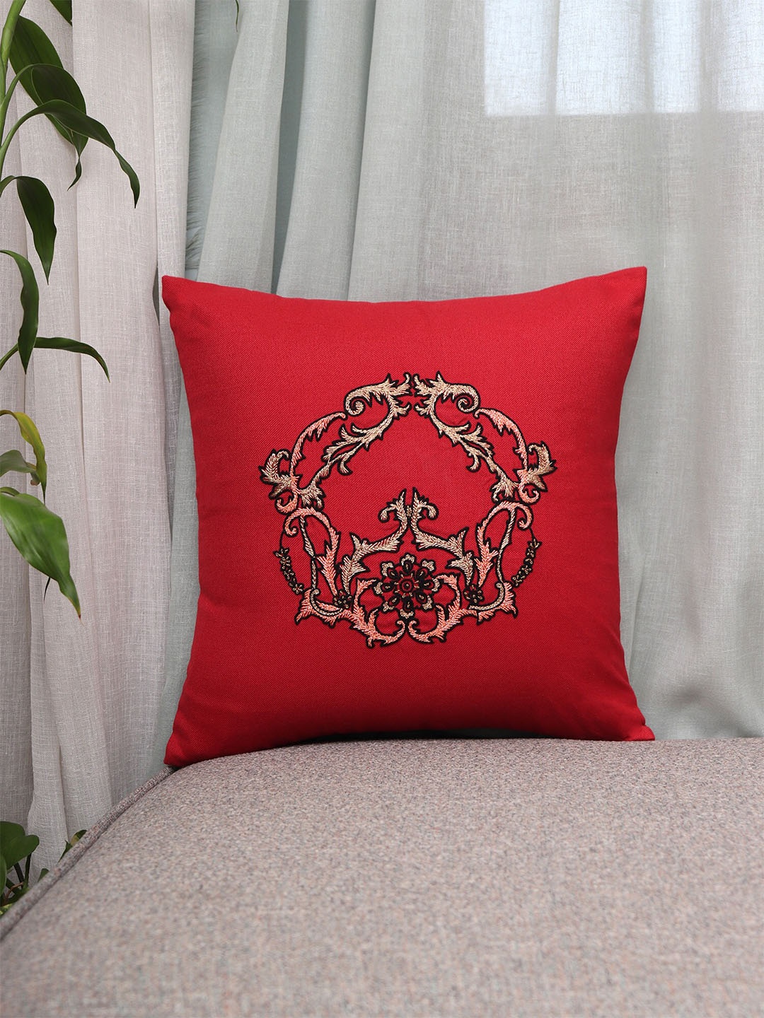 

ZEBA Luxe Collection Red & Gold-Toned Embroidered Cotton Square Cushion Cover