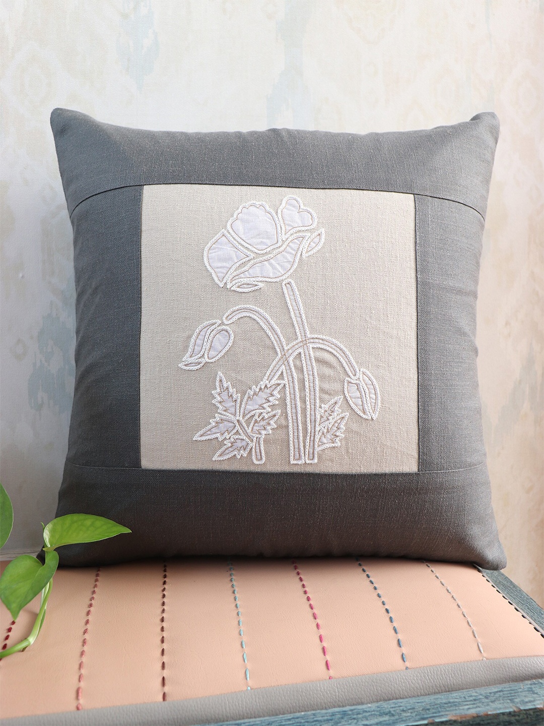 

ZEBA Luxe Collection Grey & Beige Floral Embroidered Square Cushion Cover