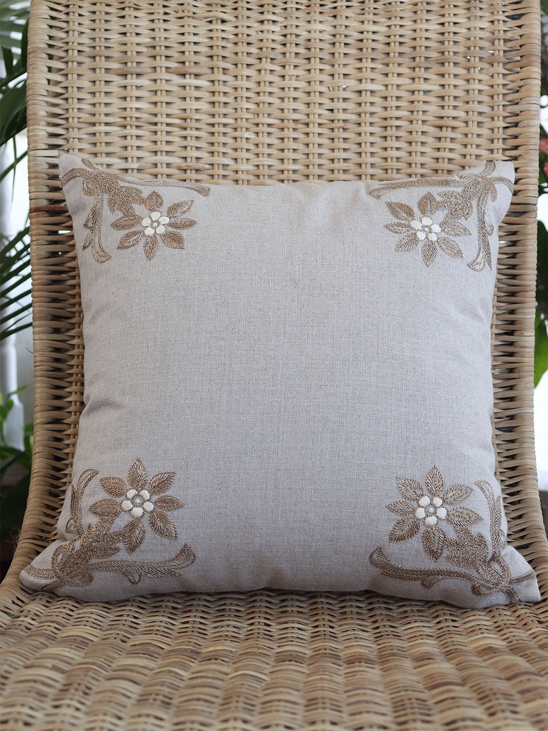 

ZEBA Beige Embroidered Cotton Square Cushion Cover